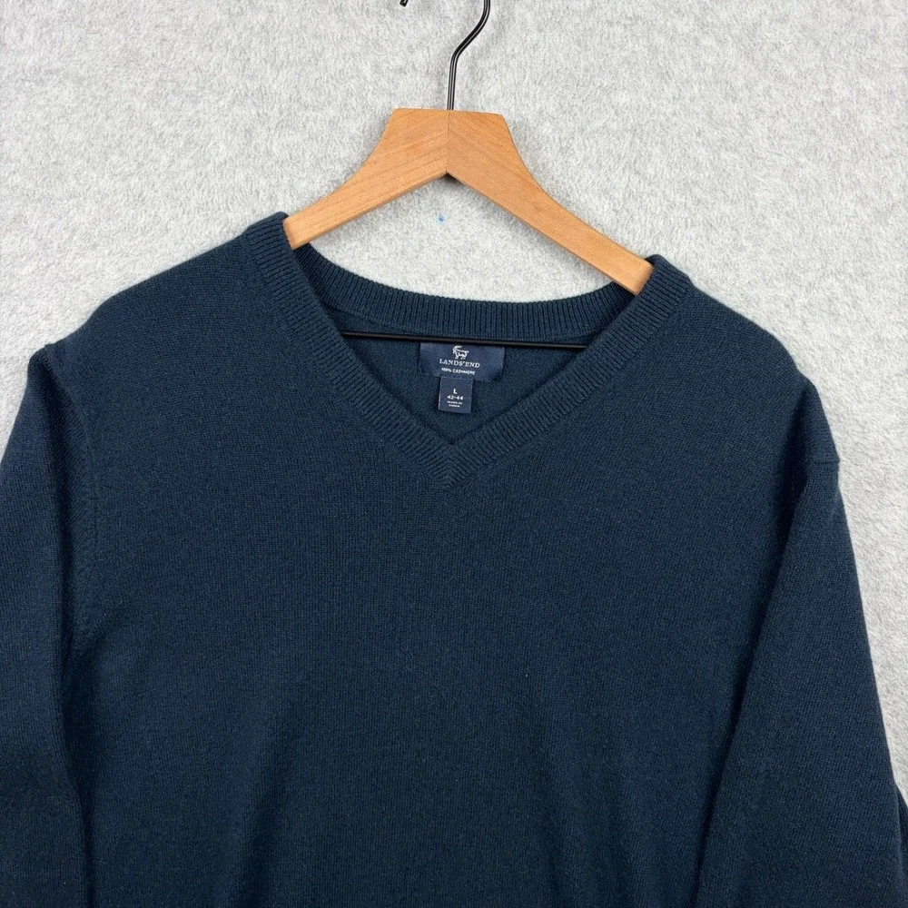 Lands End Sweater Mens Large Navy Blue 100% Cashmere V Neck Pullover Cozy Soft